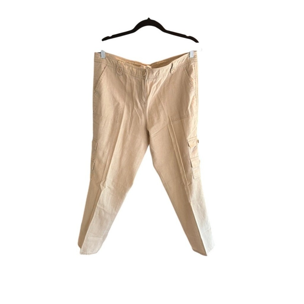New York & Company Tan Linen Blend Cargo‎ Pants  12 Khaki Straight Leg Utility